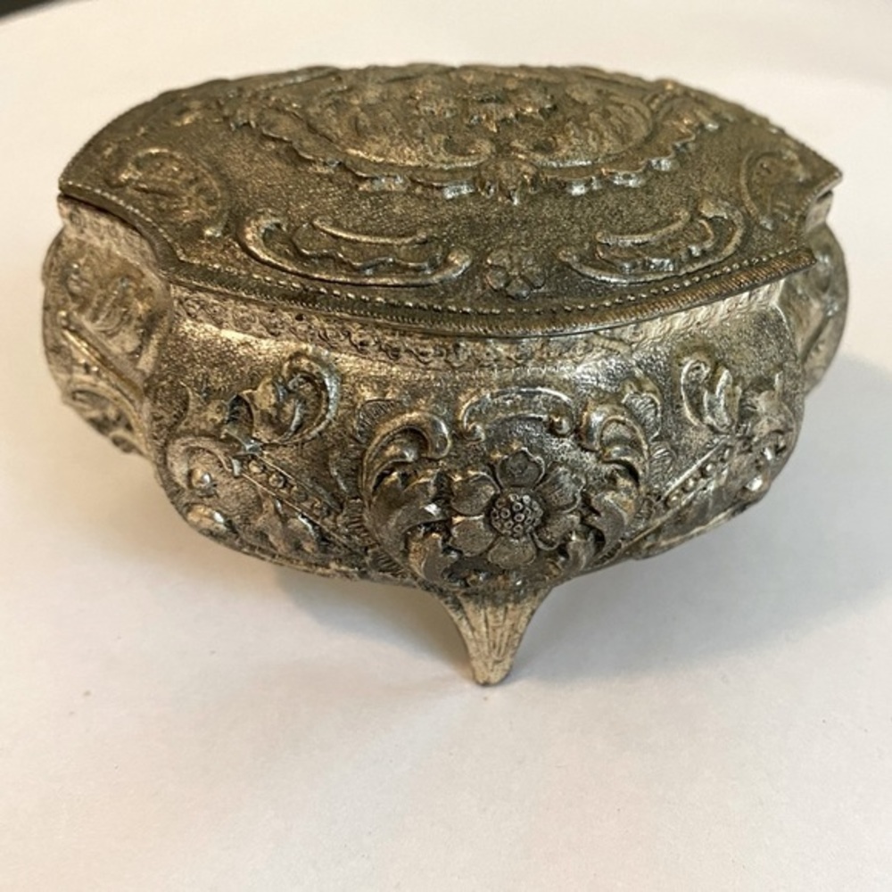 Vintage Small Floral Silver Tone Trinket Dish
